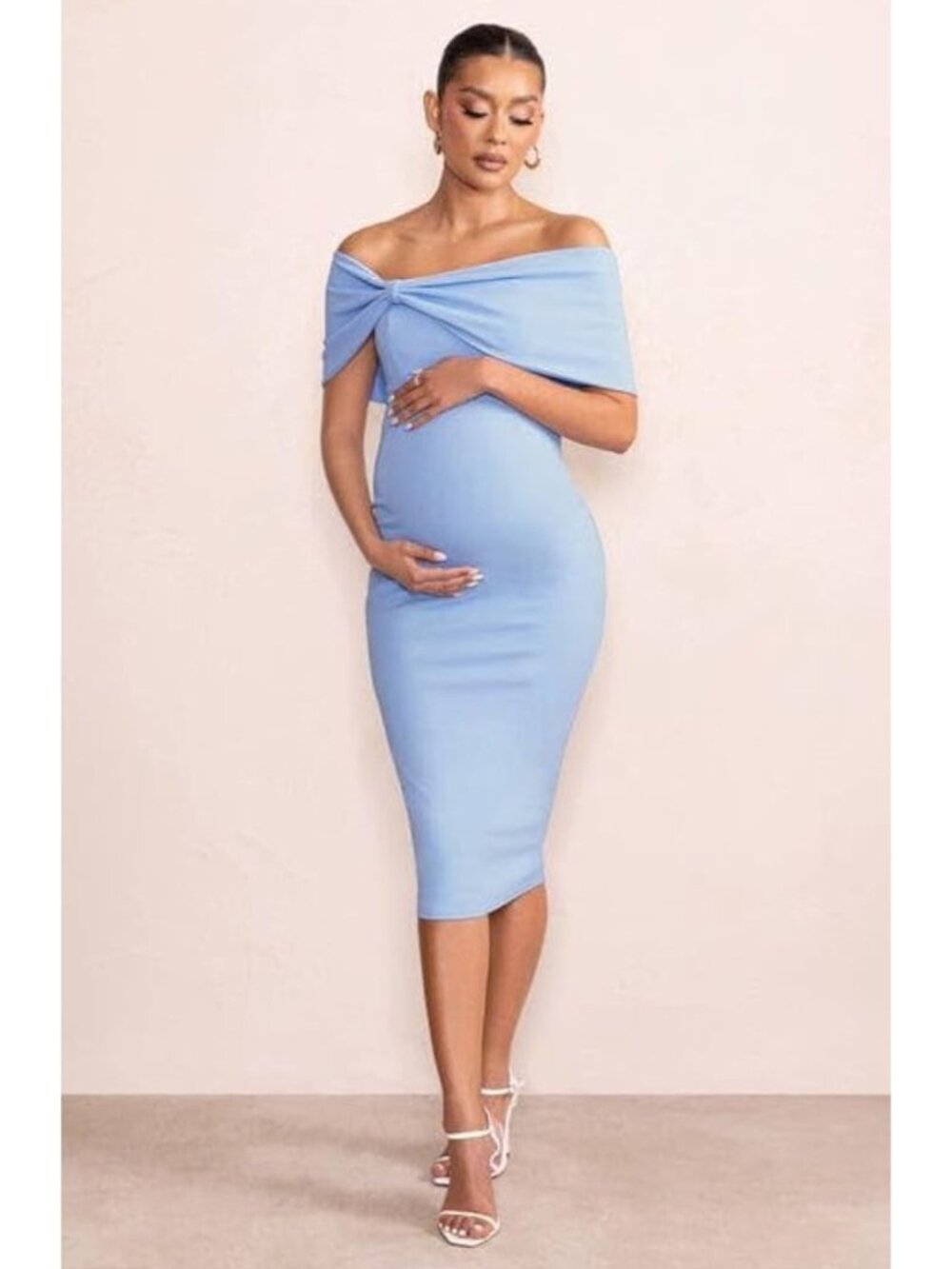 NWT Club L London Alyssa Power Blue Bardot Bow Midi Maternity Dress with Ruching